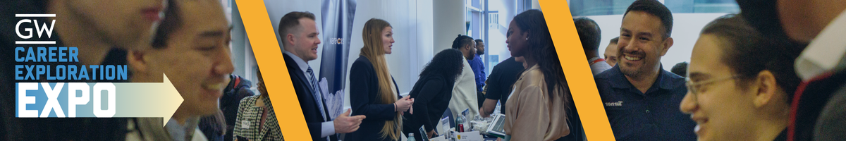 GW Career Exploration Expo Banner featuring the event logo and three photos from past events