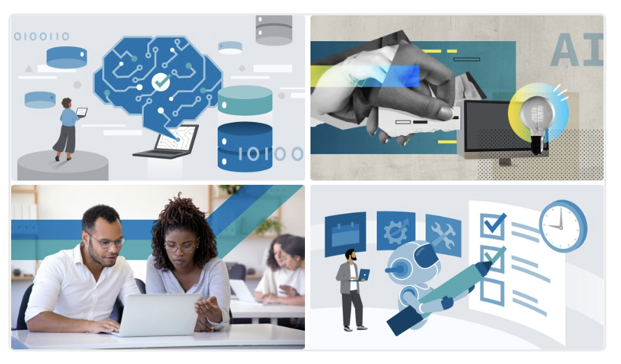 Series of four images. Top left: Person using laptop with AI brain and data icons. Top right: Robotic hand and tech icons symbolizing AI. Bottom left: Two people collaborating on a laptop. Bottom right: Robot checking tasks on a digital checklist.