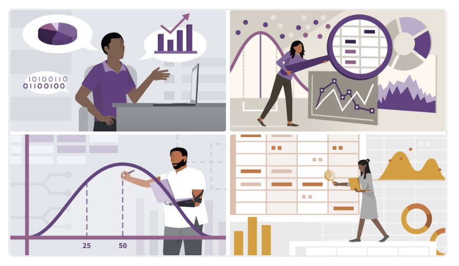 Series of four images. Top left: Man presenting charts and binary data. Top right: Woman analyzing graphs with magnifying glass. Bottom left: Man drawing a data curve on a chart. Bottom right: Woman inspecting a dashboard with graphs.