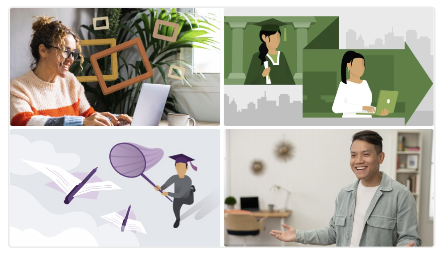 Series of four images. Top left: Woman smiling and typing on laptop at home. Top right: Graduate transitions to professional using laptop. Bottom left: Graduate chases flying resumes with a net. Bottom right: Man speaking confidently in a modern room.