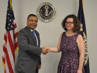 GW rising senior Alanna Moskowitz shakes hands with Director of the Office of National Drug Control Policy Rahul Gupta during her spring internship with the White House. (Submitted photo)